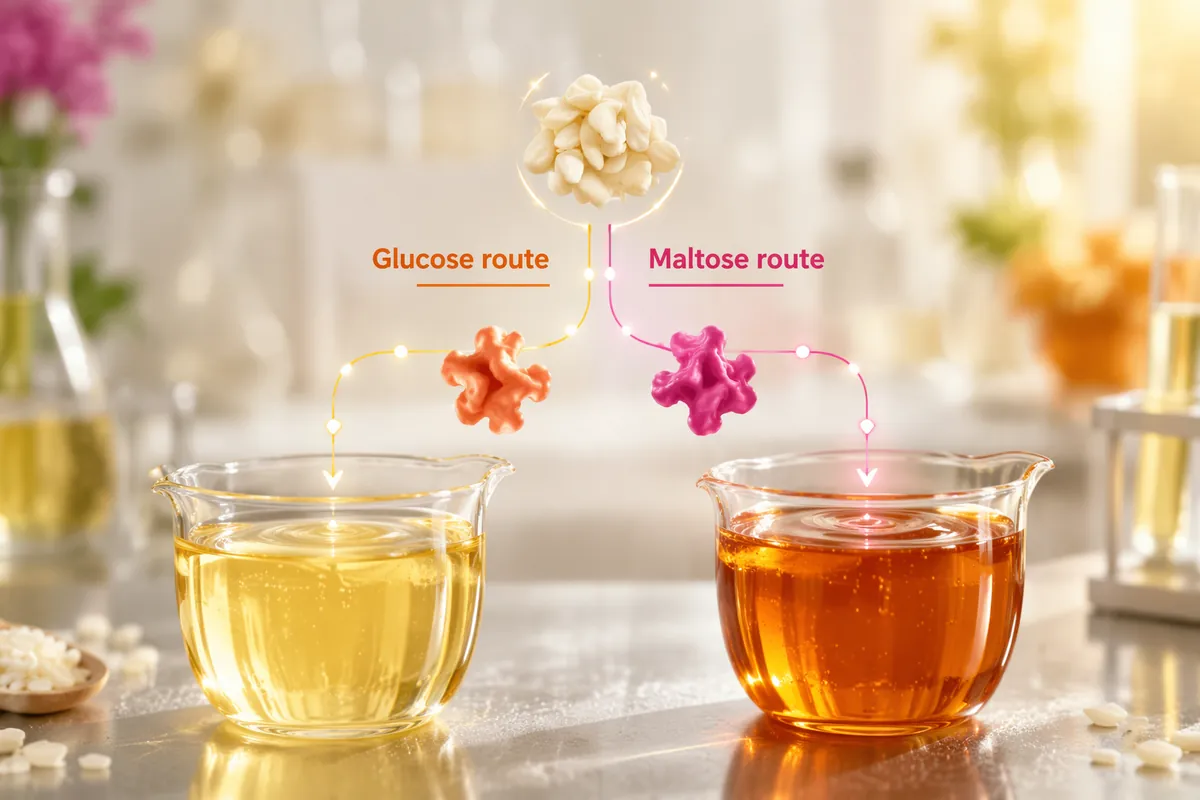 Two beakers of syrup showing the glucose route and the maltose route of a multi-enzyme starch conversion